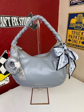Valentino Light Blue Braided Handle Hobo with Scarf Bow